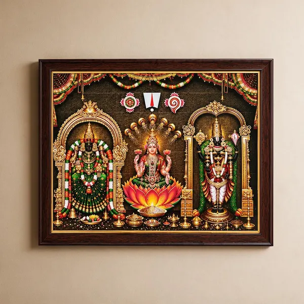 Tirupati_Tulsimala_Balaji_With_Lakshmi_And_Padmavati_Venkateswara_Wooden_Framed_Wall_Art