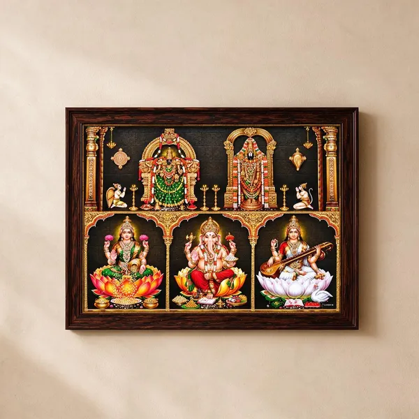 Balaji_Padmavati_With_Lakshmi_Ganesha_And_Saraswati_Wooden_Framed_Wall_Art