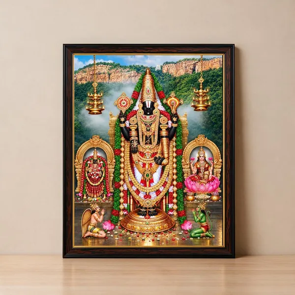 Tirupati_Balaji_With_Lakshmi_And_Padmavati_Venkateswara_Wooden_Framed_Wall_Art