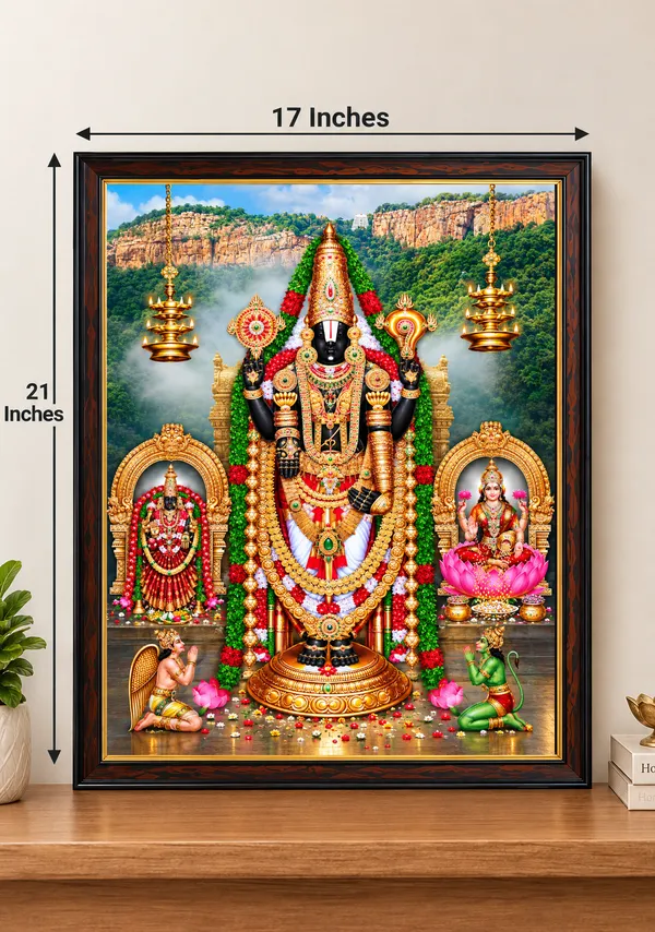 Tirupati_Balaji_with_Lakshmi_and_Padmavati_Venkateswara_Wooden_Framed_Wall_Art