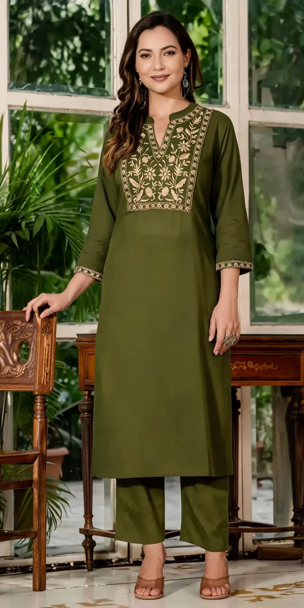 Olive_Green_Cotton_Embroidered_Straight_Kurta_Set_For_Women