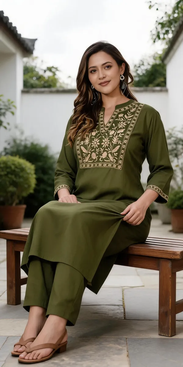 Olive_Green_Cotton_Embroidered_Straight_Kurta_Set_For_Women