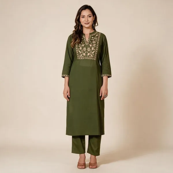 Olive_Green_Cotton_Embroidered_Straight_Kurta_Set_For_Women