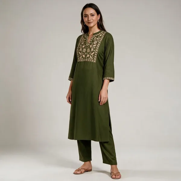Olive_Green_Cotton_Embroidered_Straight_Kurta_Set_For_Women