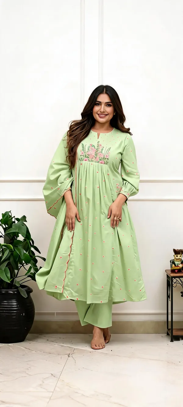 Mint_Green_Cotton_Flared_Anarkali_Kurta_Set_For_Women