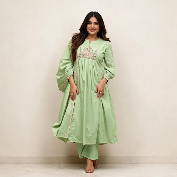 Mint_Green_Cotton_Flared_Anarkali_Kurta_Set_For_Women