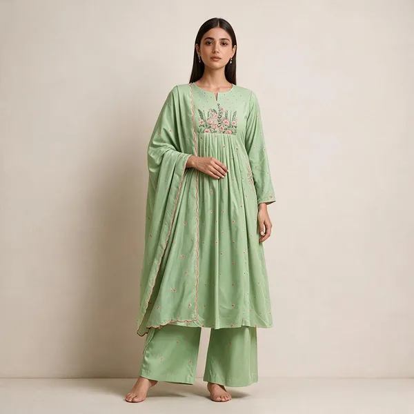 Mint_Green_Cotton_Flared_Anarkali_Kurta_Set_For_Women
