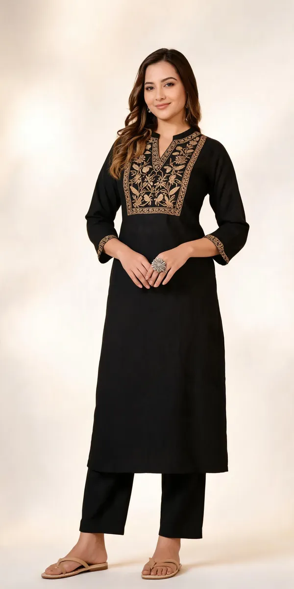 Black_Cotton_Embroidered_Straight_Kurta_Set_For_Women