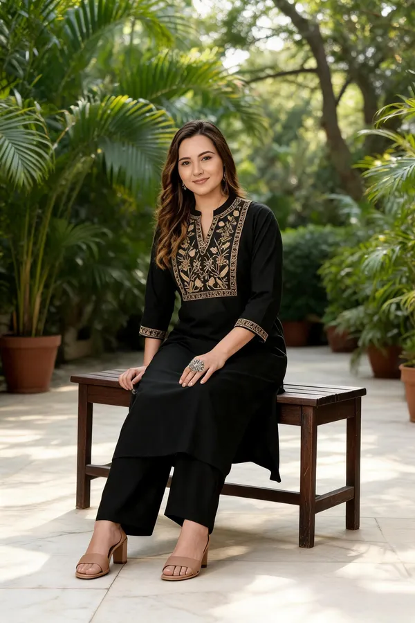 Black_Cotton_Embroidered_Straight_Kurta_Set_For_Women