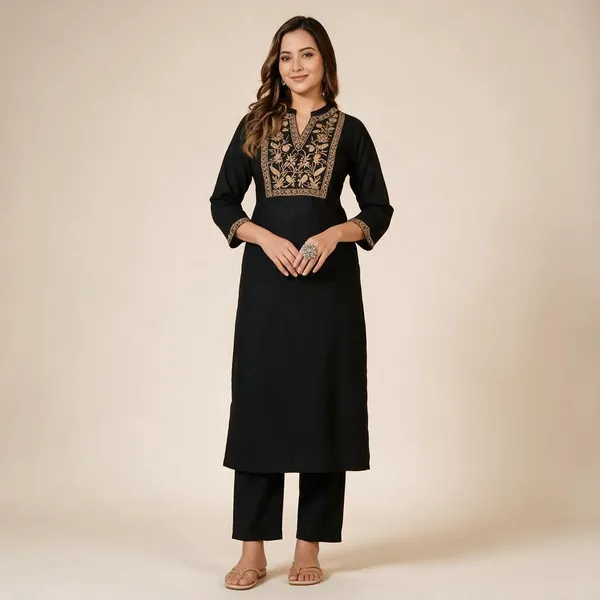 Black_Cotton_Embroidered_Straight_Kurta_Set_For_Women