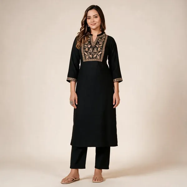 Black_Cotton_Embroidered_Straight_Kurta_Set_For_Women