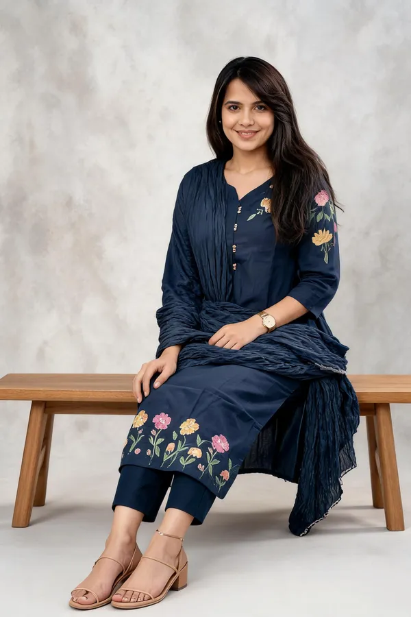 Navy_Cotton_Straight_Embroidered_Three_Piece_Suit_Set_For_Women