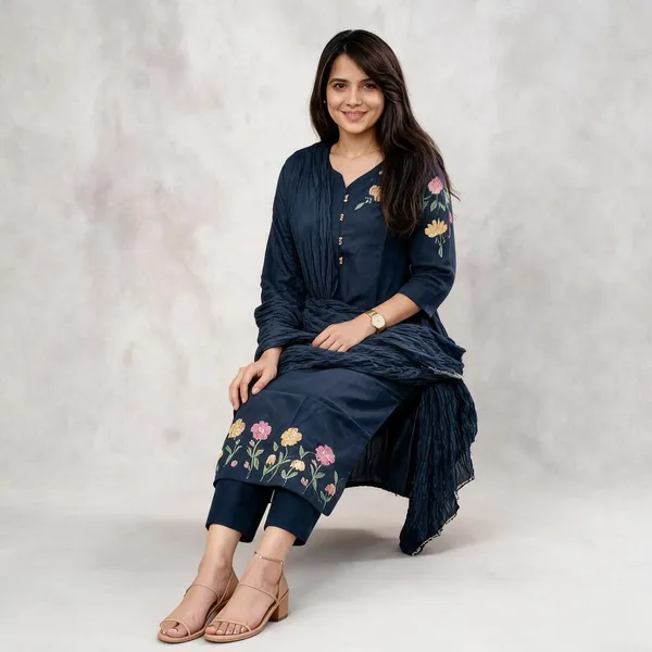 Navy_Cotton_Straight_Embroidered_Three_Piece_Suit_Set_For_Women