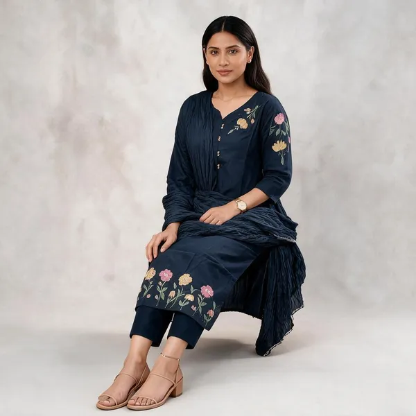 Navy_Cotton_Straight_Embroidered_Three_Piece_Suit_Set_For_Women
