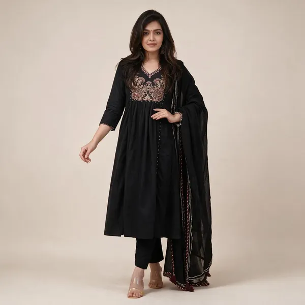 Black_Cotton_Flared_Embroidered_Anarkali_Suit_Set_For_Women