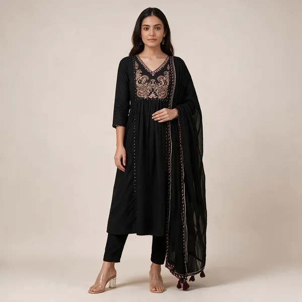 Black_Cotton_Flared_Embroidered_Anarkali_Suit_Set_For_Women