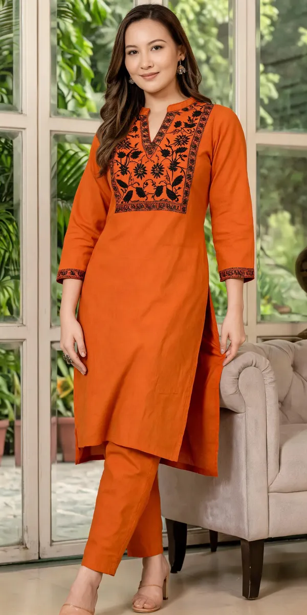 Orange_Cotton_Embroidered_Straight_Kurta_Set_For_Women