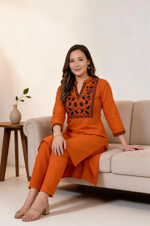 Orange_Cotton_Embroidered_Straight_Kurta_Set_For_Women