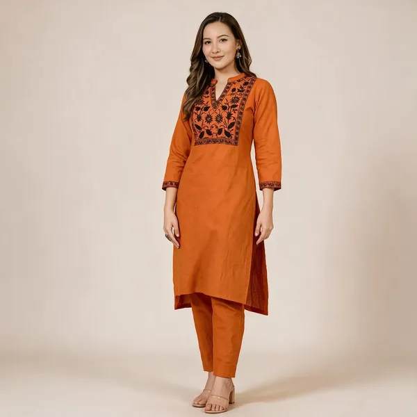 Orange_Cotton_Embroidered_Straight_Kurta_Set_For_Women