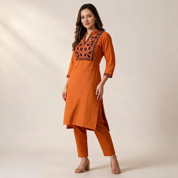 Orange_Cotton_Embroidered_Straight_Kurta_Set_For_Women