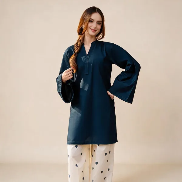 Navy_Blue_Cotton_Flared_Sleeve_Straight_Kurta_Set_For_Women