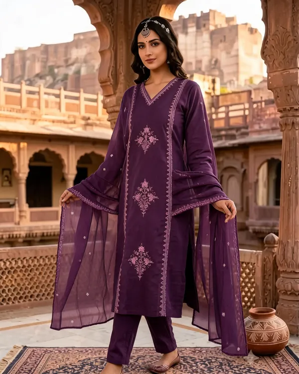 Purple_Cotton_Straight_Embroidered_Kurta_Pant_Dupatta_Set_For_Women