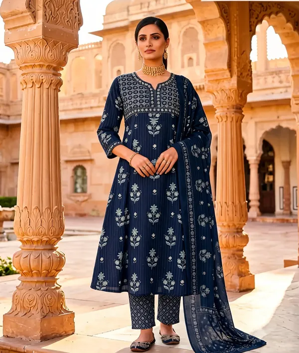 Navy_Cotton_Flared_Printed_Anarkali_Suit_Set_For_Women