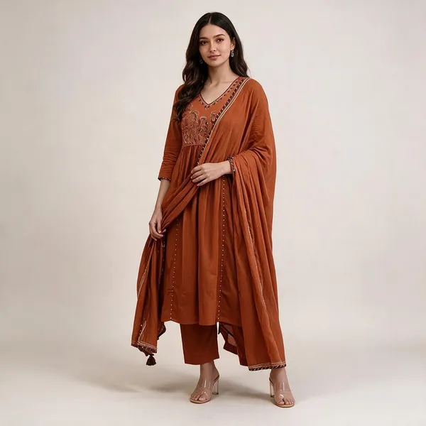 Rust_Cotton_Straight_Embroidered_Kurta_Set_For_Women