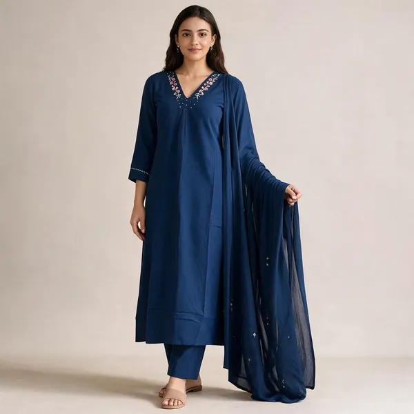 Blue_Cotton_Straight_Fit_Embroidered_Kurta_Set_For_Women