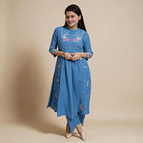 Blue_Cotton_Embroidered_Flared_Kurta_Set_For_Women