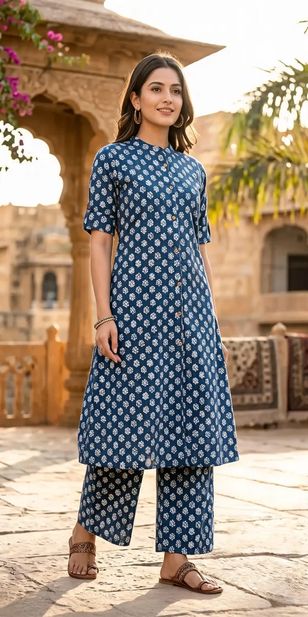 Blue_Cotton_A-Line_Printed_Kurti_Pant_Set_For_Women