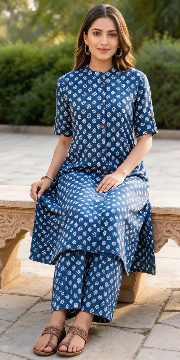 Blue_Cotton_A-Line_Printed_Kurti_Pant_Set_For_Women