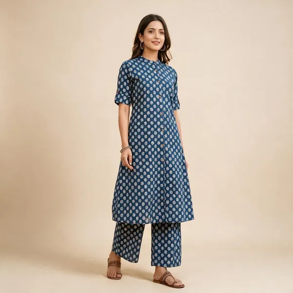 Blue_Cotton_A-Line_Printed_Kurti_Pant_Set_For_Women