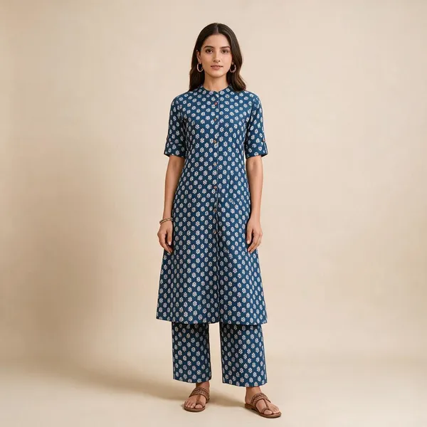 Blue_Cotton_A-Line_Printed_Kurti_Pant_Set_For_Women
