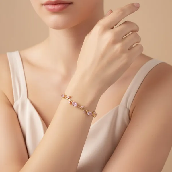 Gold_And_Pink_Stainless_Steel_Svine_Floral_Bracelet_For_Women