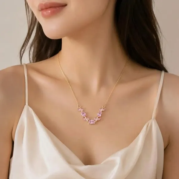 Gold_And_Pink_Stainless_Steel_Floral_Pendant_Necklace_For_Women