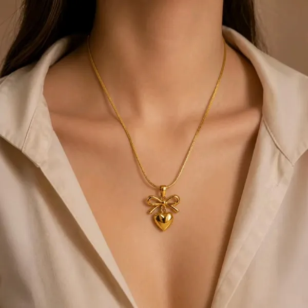 Gold_Stainless_Steel_Bow_Heart_Pendant_Necklace_For_Women