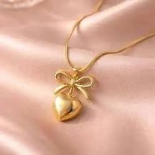 Gold_Stainless_Steel_Bow_Heart_Pendant_Necklace_For_Women