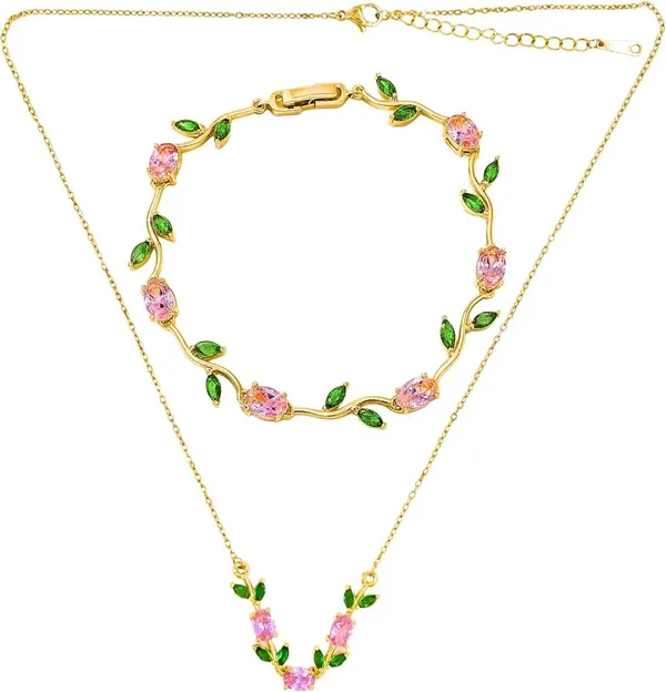 Gold_Stainless_Steel_Floral_Pendant_Necklace_And_Bracelet_Set_For_Women