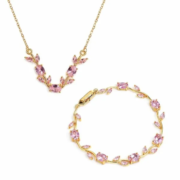 Gold_And_Pink_Stainless_Steel_Floral_Necklace_And_Bracelet_Set_For_Women