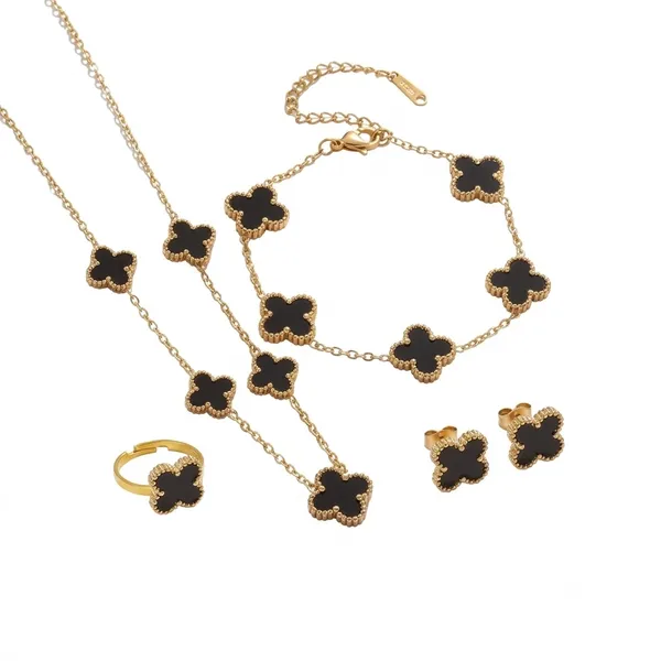 Gold_And_Black_Stainless_Steel_Clover_Necklace_Earrings_Bracelet_Ring_Set_For_Women