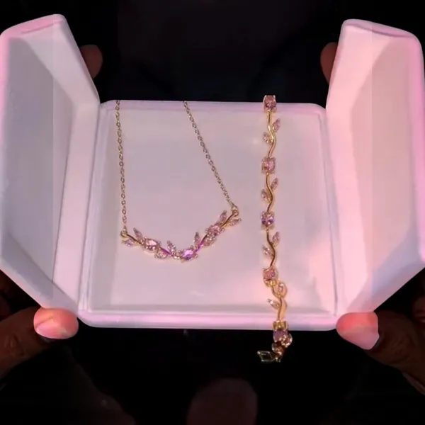 Gold_And_Pink_Stainless_Steel_Floral_Necklace_And_Bracelet_Set_For_Women
