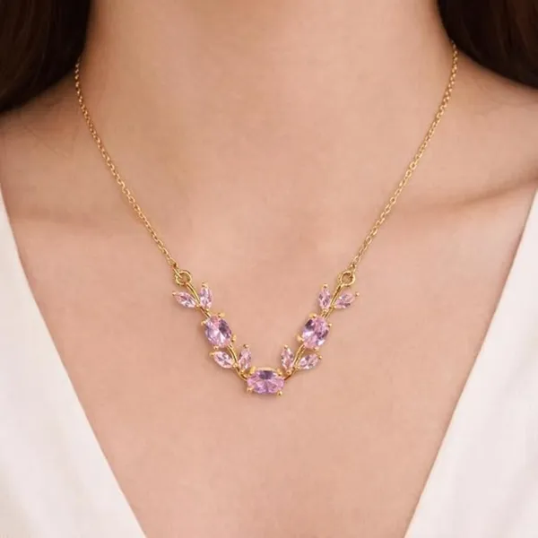 Gold_And_Pink_Stainless_Steel_Floral_Necklace_And_Bracelet_Set_For_Women