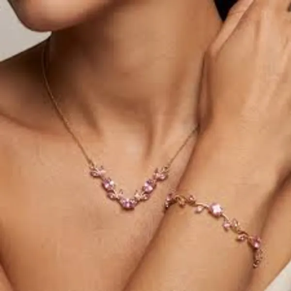 Gold_And_Pink_Stainless_Steel_Floral_Necklace_And_Bracelet_Set_For_Women