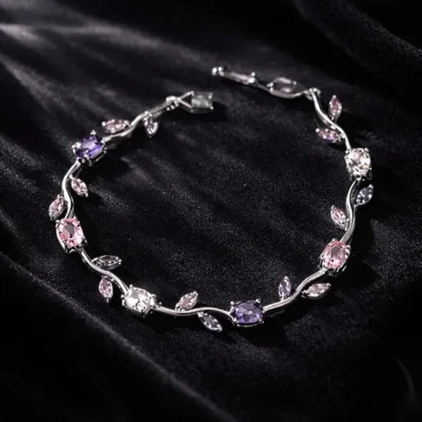 Silver_And_Pink_Stainless_Steel_Crystal_Floral_Chain_Bracelet_For_Women