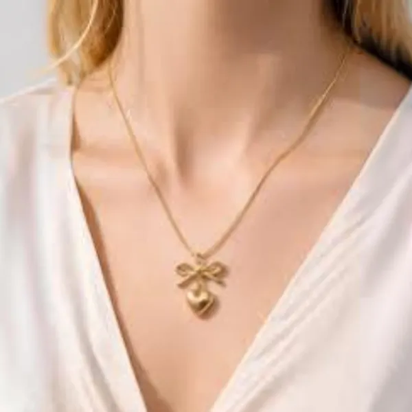 Gold_Stainless_Steel_Bow_Heart_Pendant_Necklace_For_Women