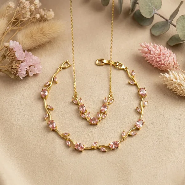 Gold_And_Pink_Stainless_Steel_Floral_Necklace_And_Bracelet_Set_For_Women