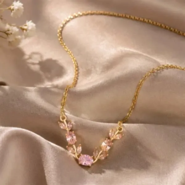 Gold_And_Pink_Stainless_Steel_Floral_Pendant_Necklace_For_Women