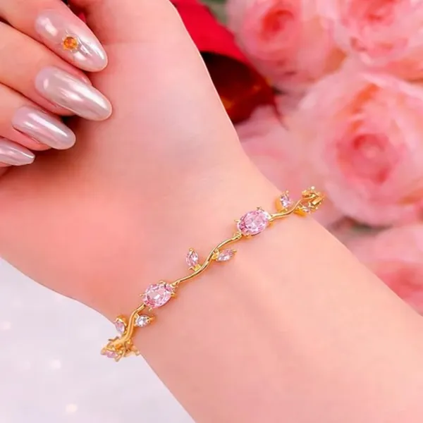 Gold_And_Pink_Stainless_Steel_Floral_Necklace_And_Bracelet_Set_For_Women