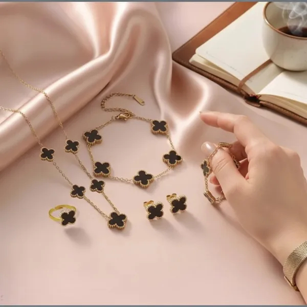 Gold_And_Black_Stainless_Steel_Clover_Necklace_Earrings_Bracelet_Ring_Set_For_Women